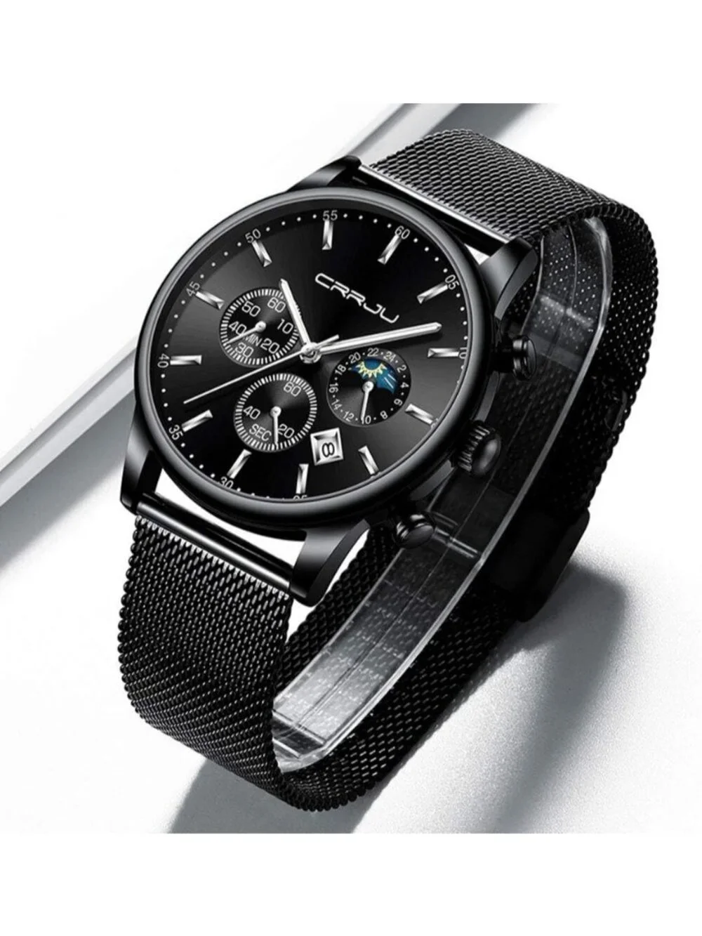 Men's Black Silver Chronograph Waterproof Steel Quartz Mesh Strap Casual Watch